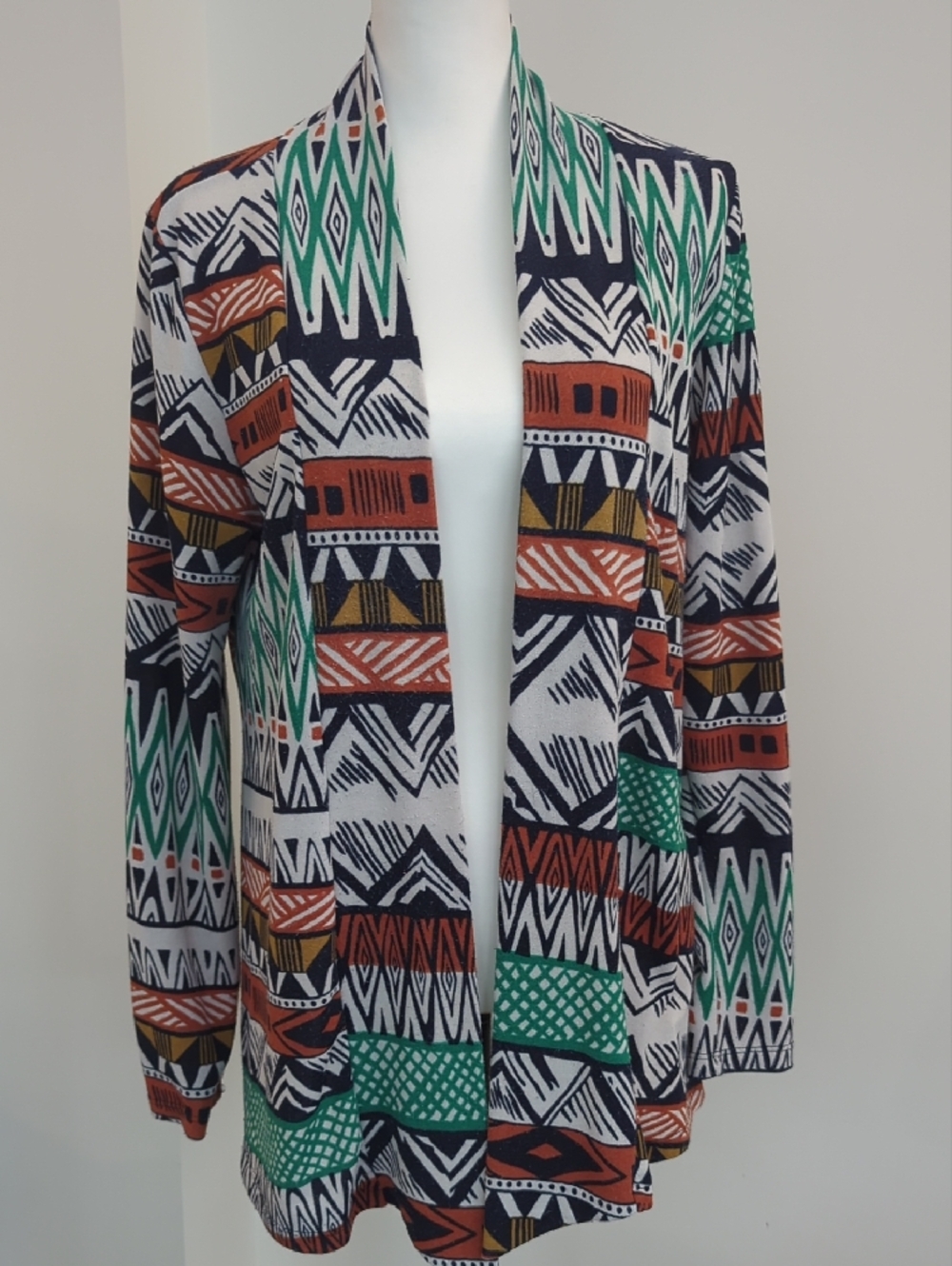 Adrienne Open Cardigan in Teal, Rust, Black & White Geometric Print - Picture 1 of 12